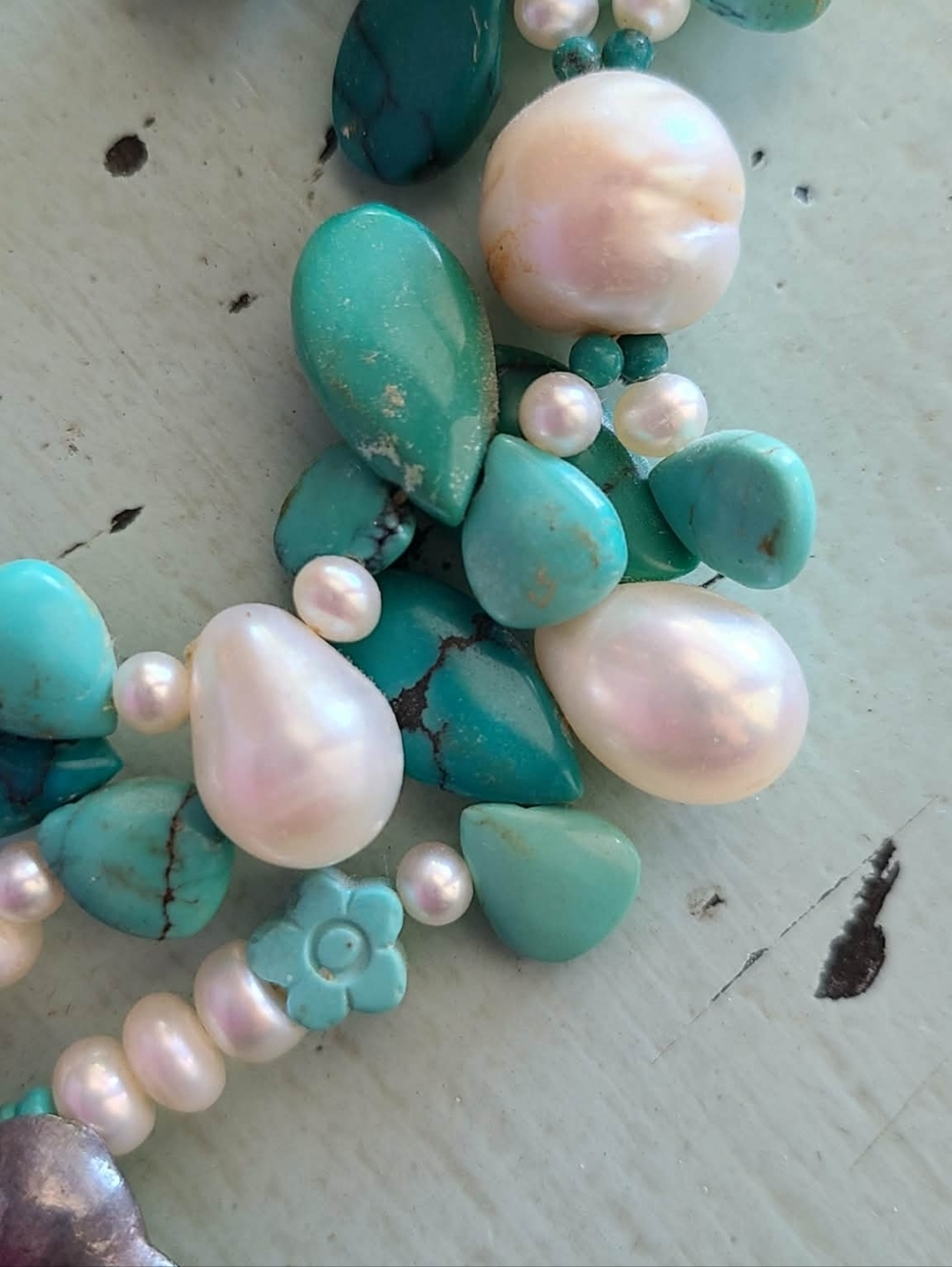 Handmade Turquoise & Pearl Statement Necklace with Floral Pendant - Picture 3 of 3